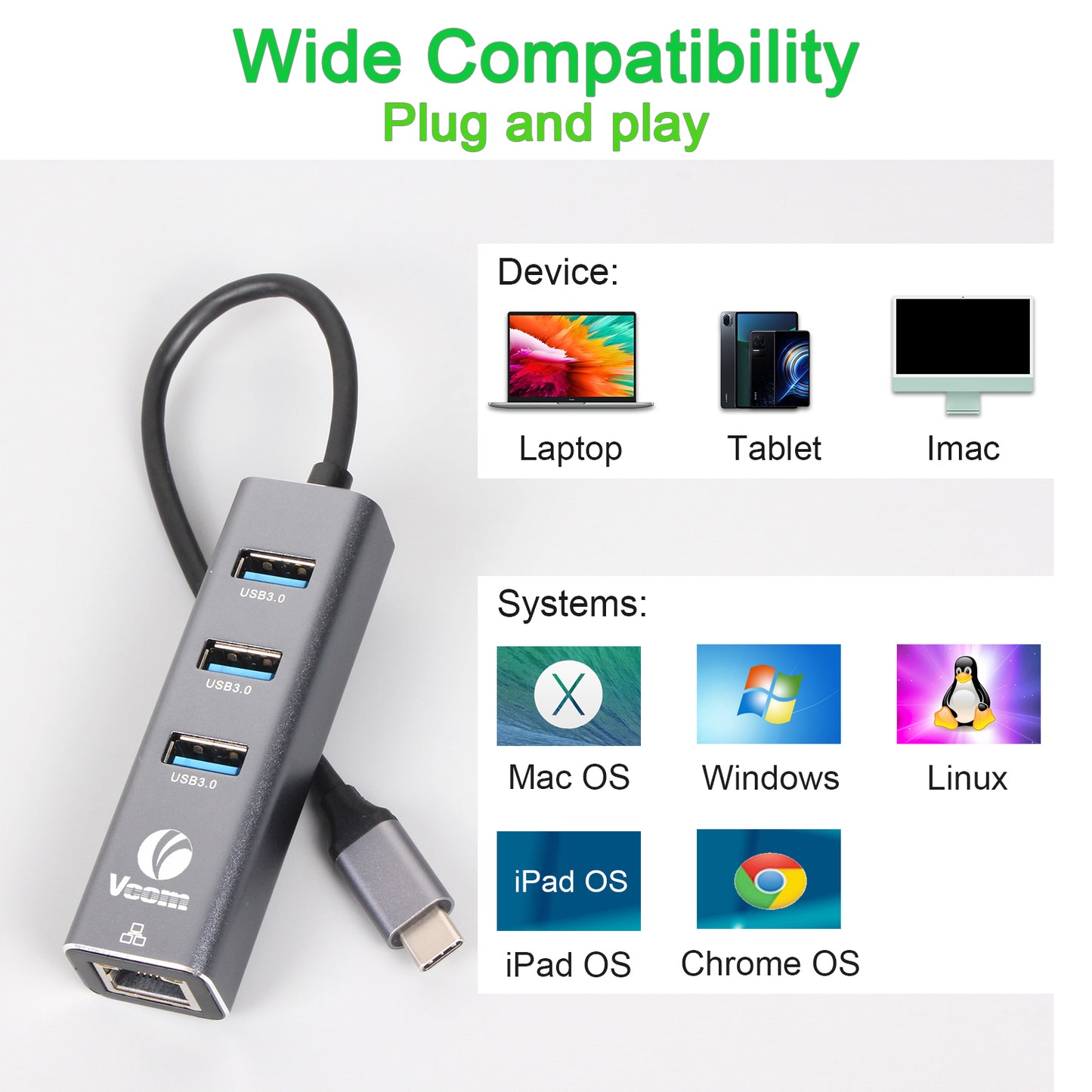 VCOM 4-in-1 Ethernet Adapter USB-C Hub