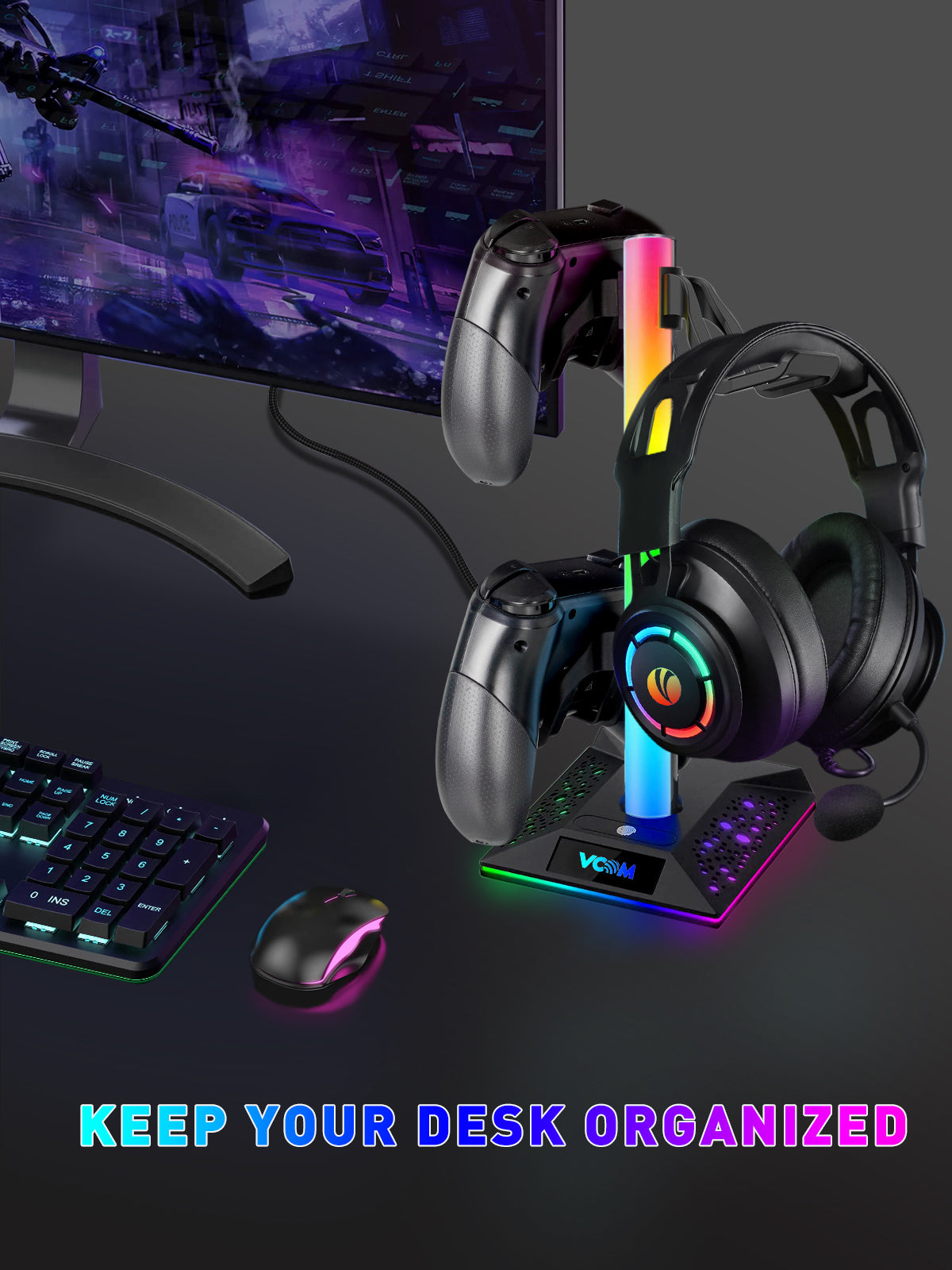 VCOM RGB Gaming Headphones Stand with USB Ports (10 Light Modes)