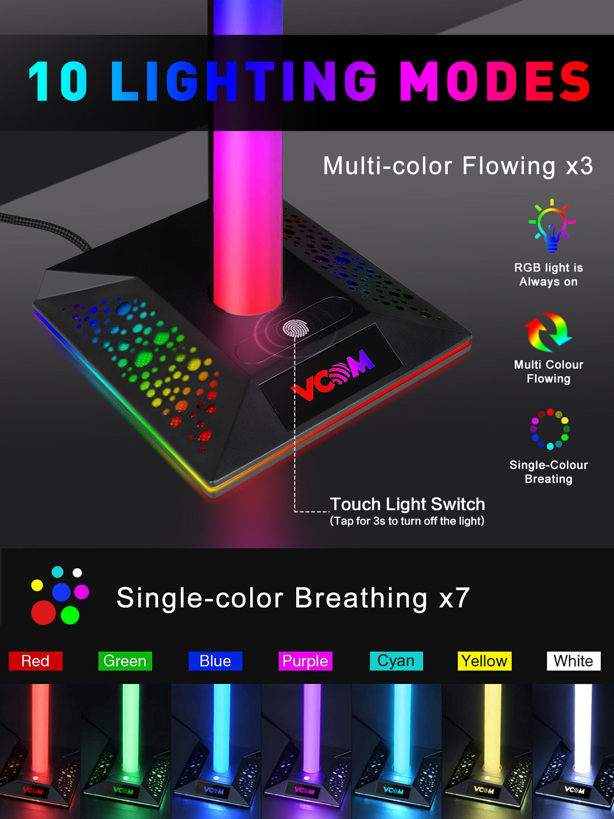 VCOM RGB Headphone Stand with USB-C & USB Ports