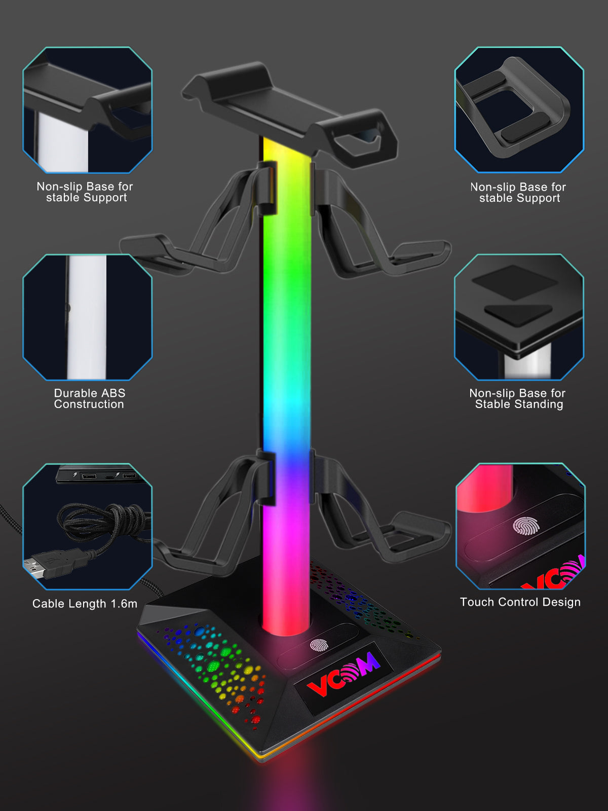 VCOM RGB Headphone Stand with USB-C & USB Ports