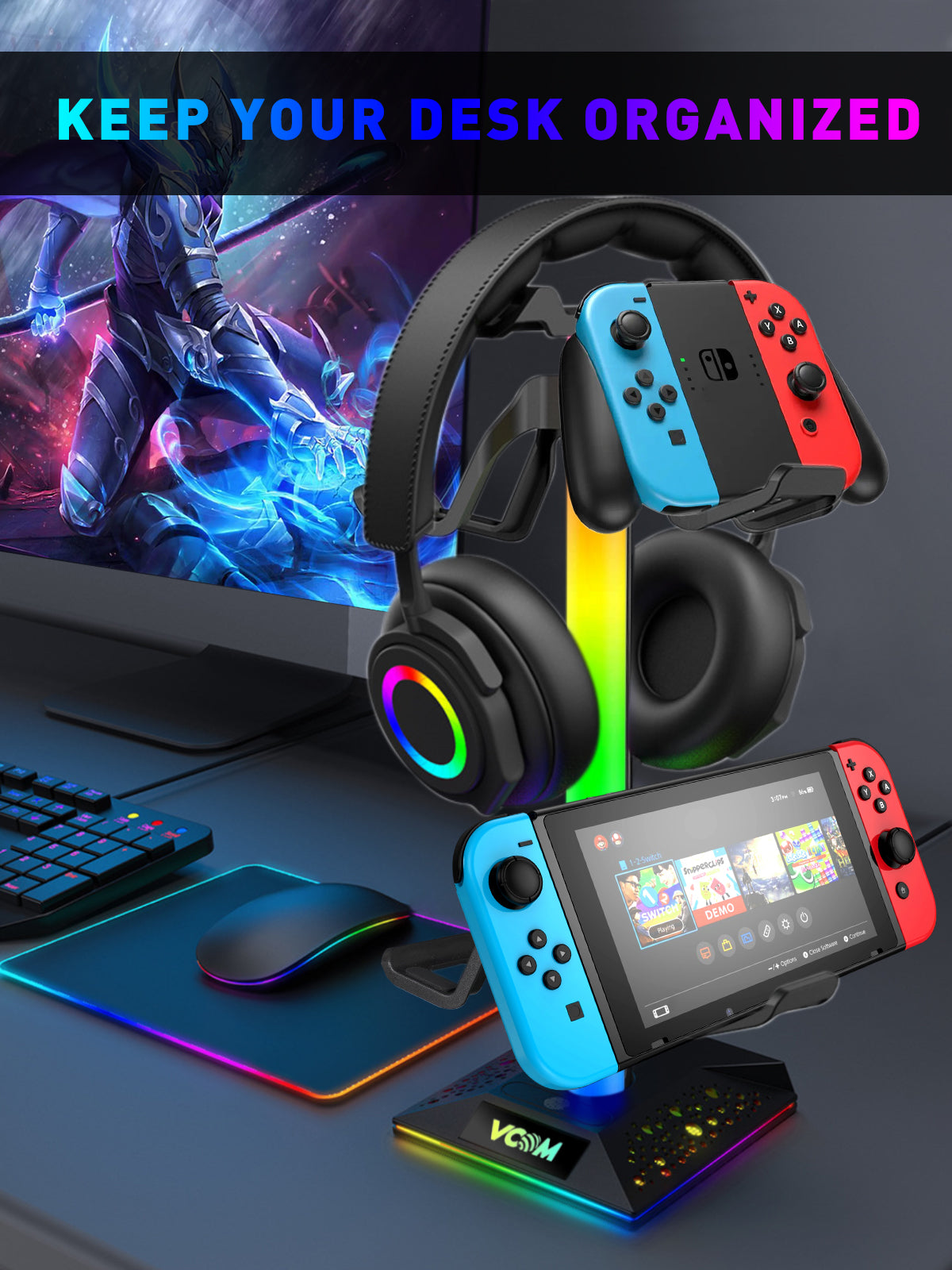 VCOM RGB Headphone Stand with USB-C & USB Ports