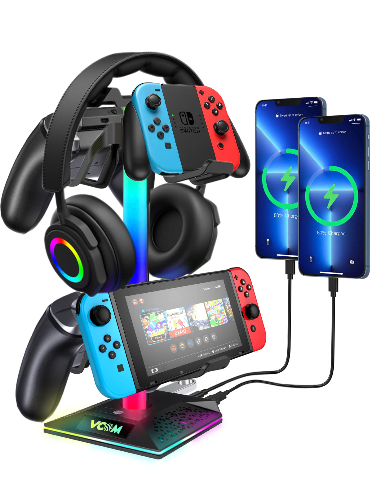 VCOM RGB Headphone Stand with USB-C & USB Ports